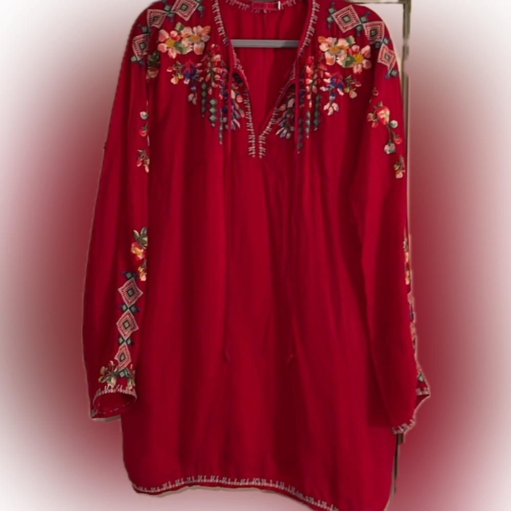Johnny Was Red Embroidered Floral Tunic Top